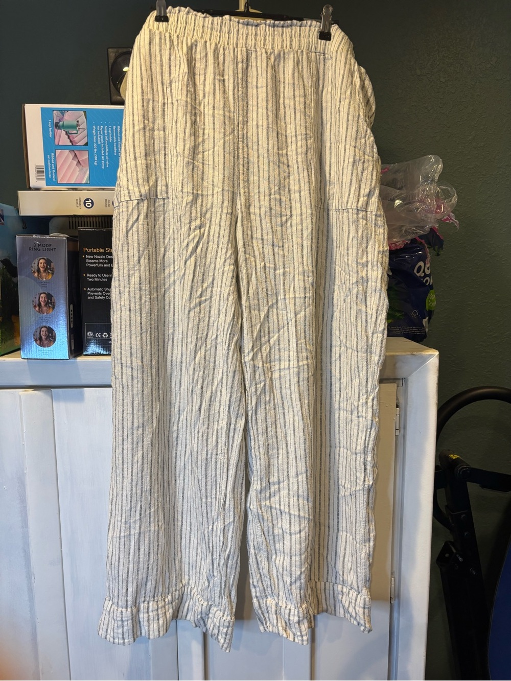 Time and Tru Cream and Light Gray Striped Wide-Leg Pants